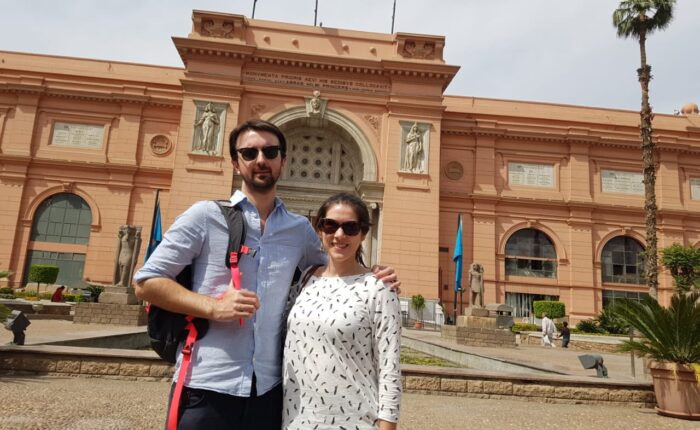 Exterior of the Egyptian Museum in Cairo, showcasing ancient Egyptian artifacts