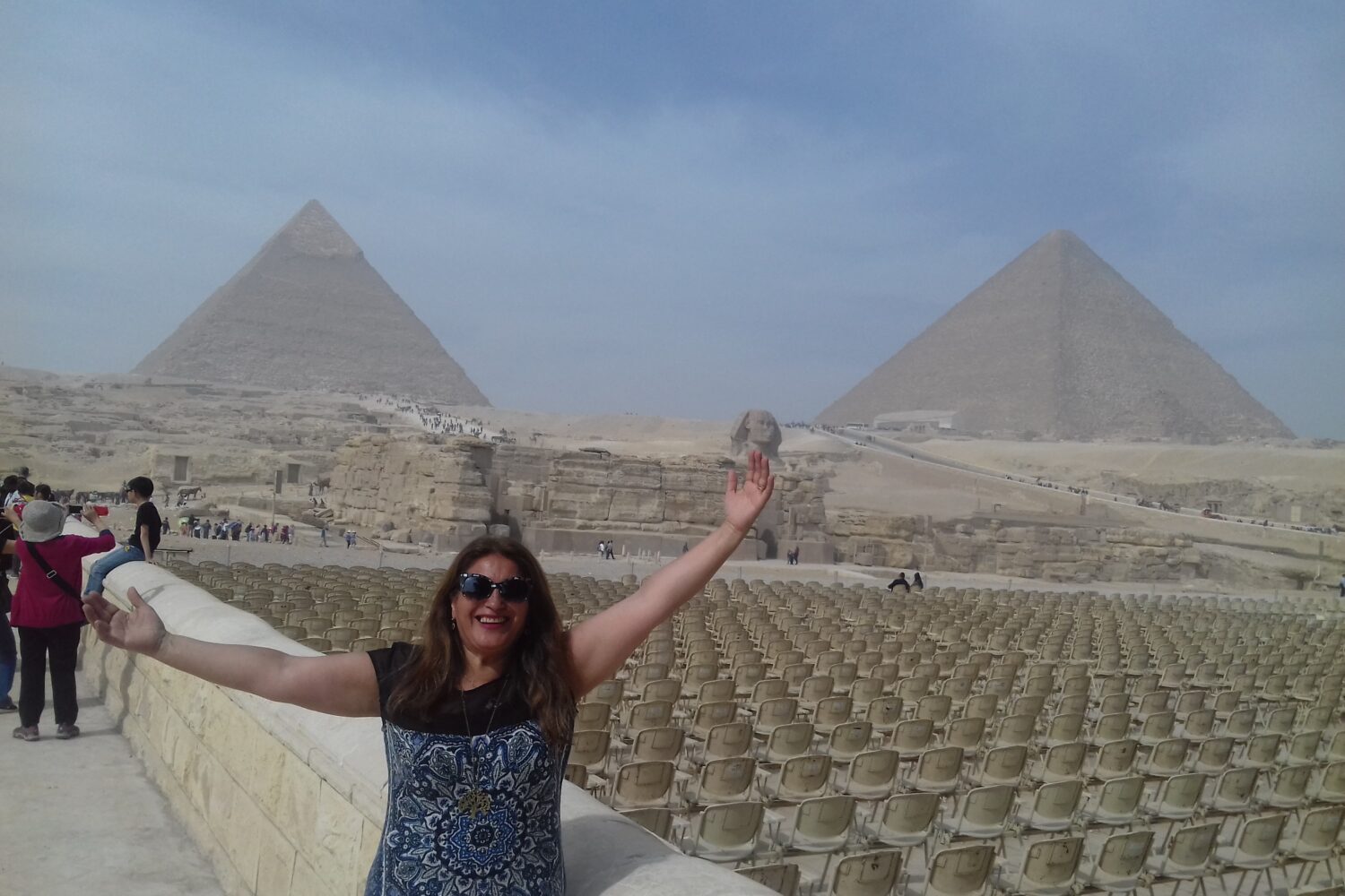 Panoramic view of the Pyramids of Giza, one of the Seven Wonders of the World in Cairo, Egypt