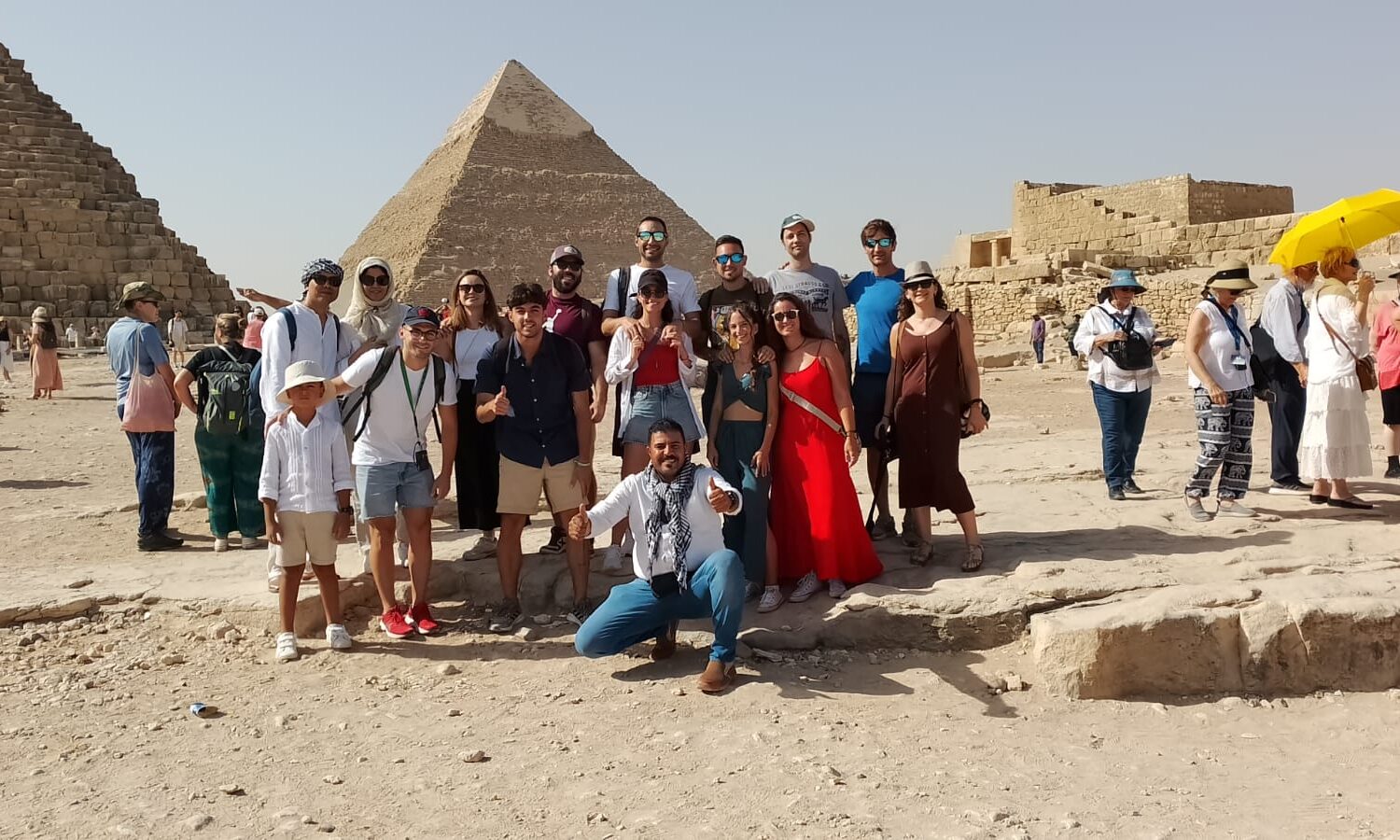 Panoramic view of the Pyramids of Giza, one of the Seven Wonders of the World in Cairo, Egypt