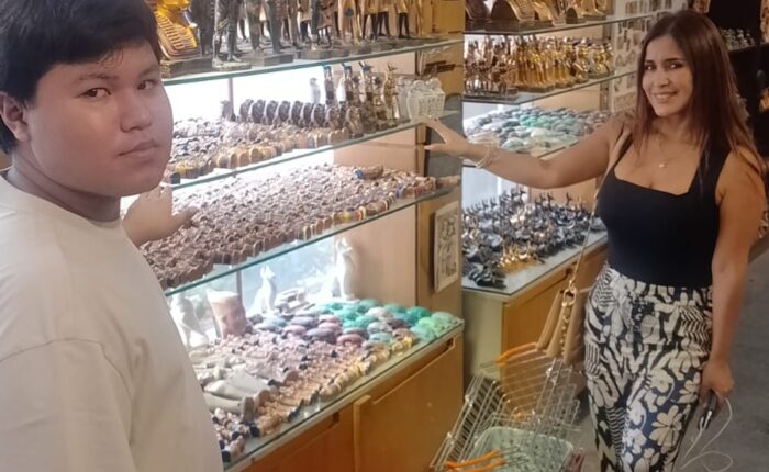 Vibrant stalls and shops at Khan El Khalili Bazaar in Cairo, Egypt, filled with local crafts and souvenirs.