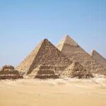 Panoramic view of the Pyramids of Giza, one of the Seven Wonders of the World in Cairo, Egypt