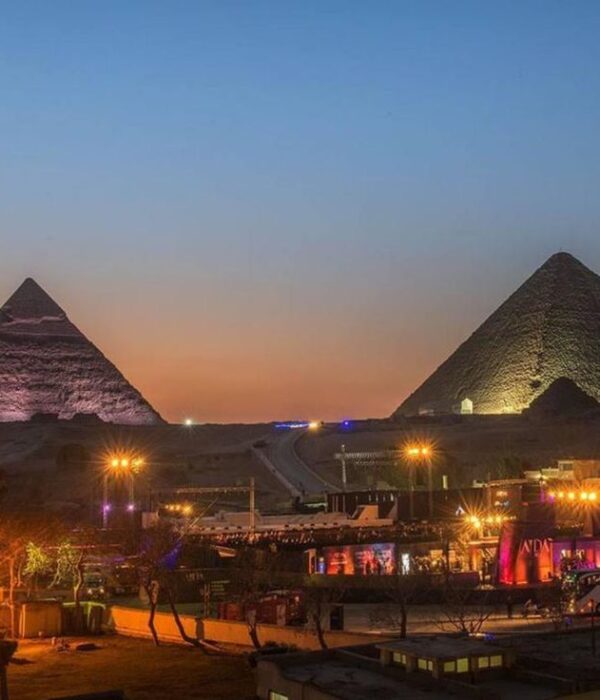 Panoramic view of the Pyramids of Giza, one of the Seven Wonders of the World in Cairo, Egypt