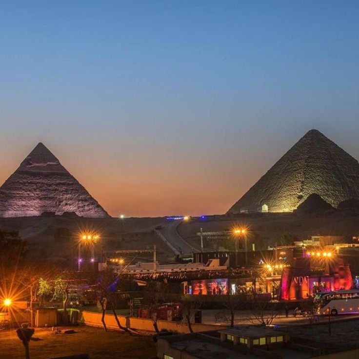 Panoramic view of the Pyramids of Giza, one of the Seven Wonders of the World in Cairo, Egypt